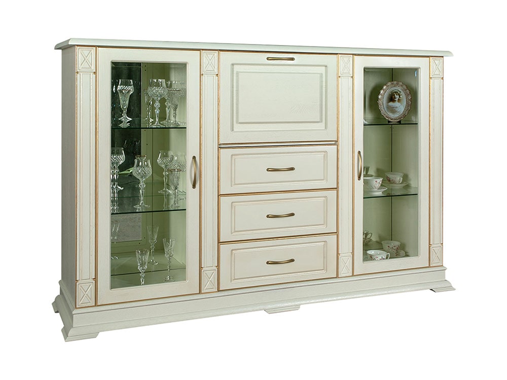 Шкафы с витриной - Шкаф комбинированный ВЕРДИ, Слоновая кость с золочением(1) - Белорусская мебель