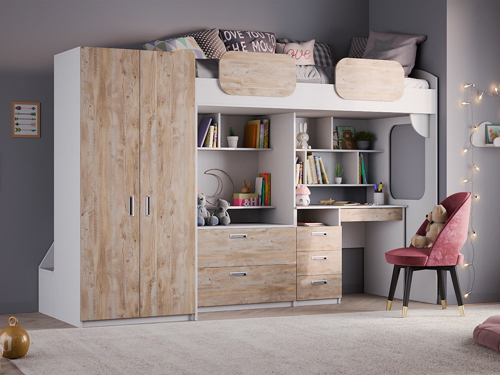Кровати в детскую - Кровать двухъярусная GEKO XL со столом, Белый текстурный + Дуб Юкон (90)(1) - Белорусская мебель