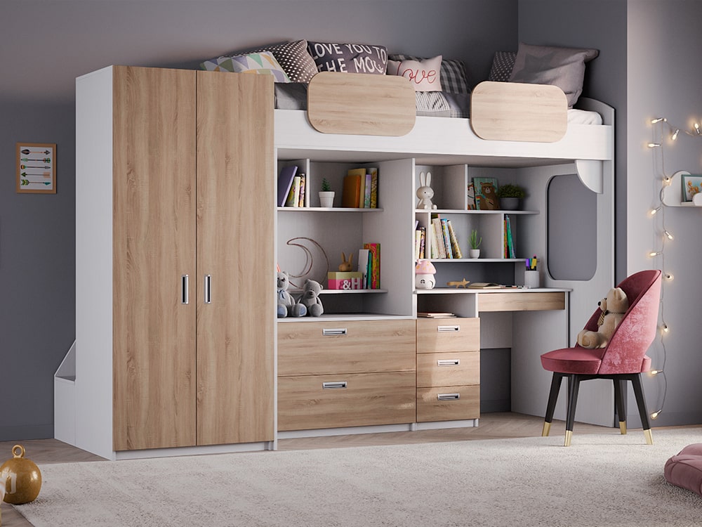 Кровати в детскую - Кровать двухъярусная GEKO XL со столом, Белый текстурный + Дуб Сонома (90)(1) - Белорусская мебель