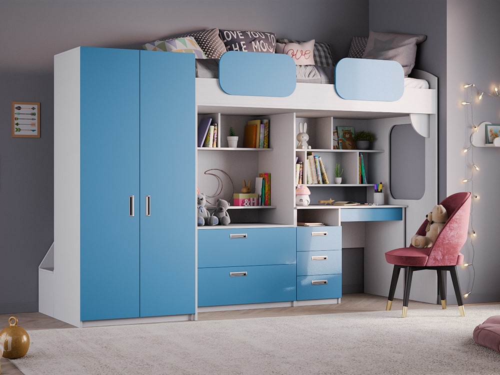 Кровати в детскую - Кровать двухъярусная GEKO XL со столом, Белый текстурный + Голубая лазурь (90)(1) - Белорусская мебель