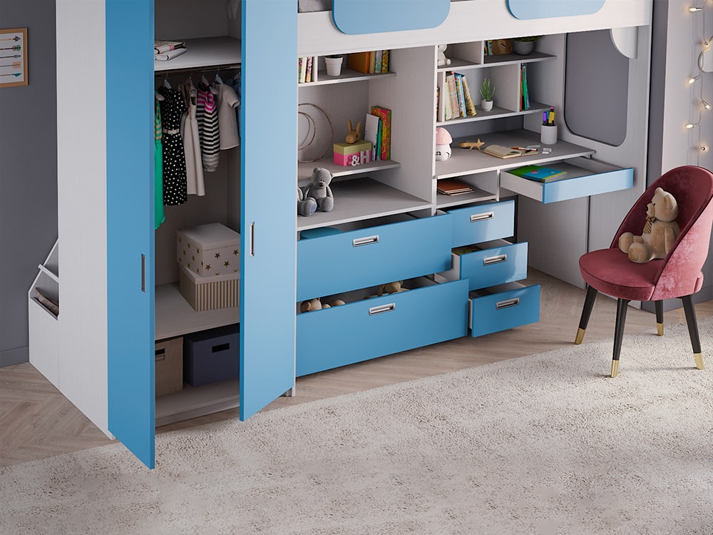 Кровати в детскую - Кровать двухъярусная GEKO XL со столом, Белый текстурный + Голубая лазурь (90)(2) - Белорусская мебель