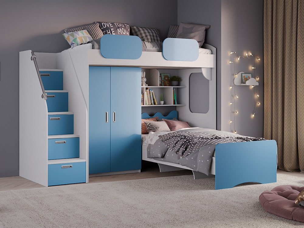Кровати в детскую - Кровать двухъярусная GEKO, Белый текстурный + Голубая лазурь (90)(1) - Белорусская мебель