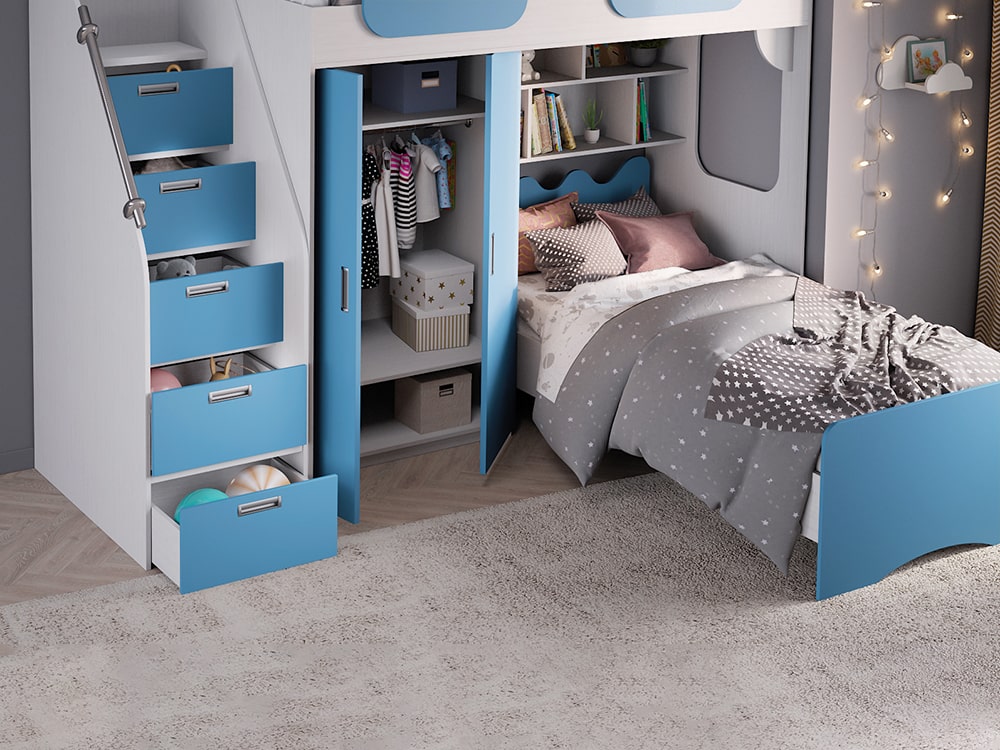 Кровати в детскую - Кровать двухъярусная GEKO, Белый текстурный + Голубая лазурь (90)(2) - Белорусская мебель