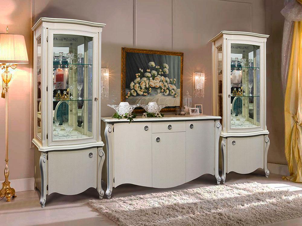 Шкафы с витриной - Шкаф с витриной ЛУИЗА (ручка слева), Белая эмаль + серебряная патина(2) - Белорусская мебель