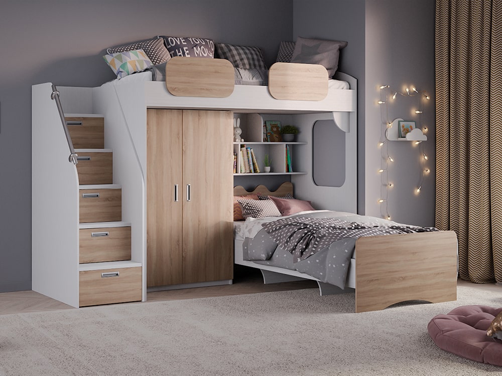 Кровати в детскую - Кровать двухъярусная GEKO, Белый текстурный + Дуб Сонома (90)(1) - Белорусская мебель