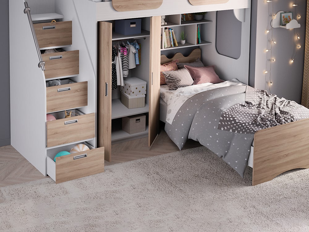 Кровати в детскую - Кровать двухъярусная GEKO, Белый текстурный + Дуб Сонома (90)(2) - Белорусская мебель