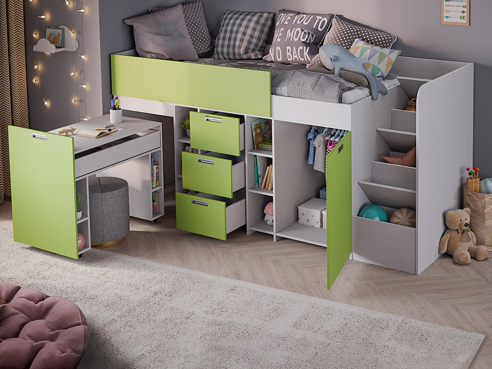 Кровати в детскую - Кровать BERG, Белый текстурный + Зелёное яблоко (90)(3) - Белорусская мебель