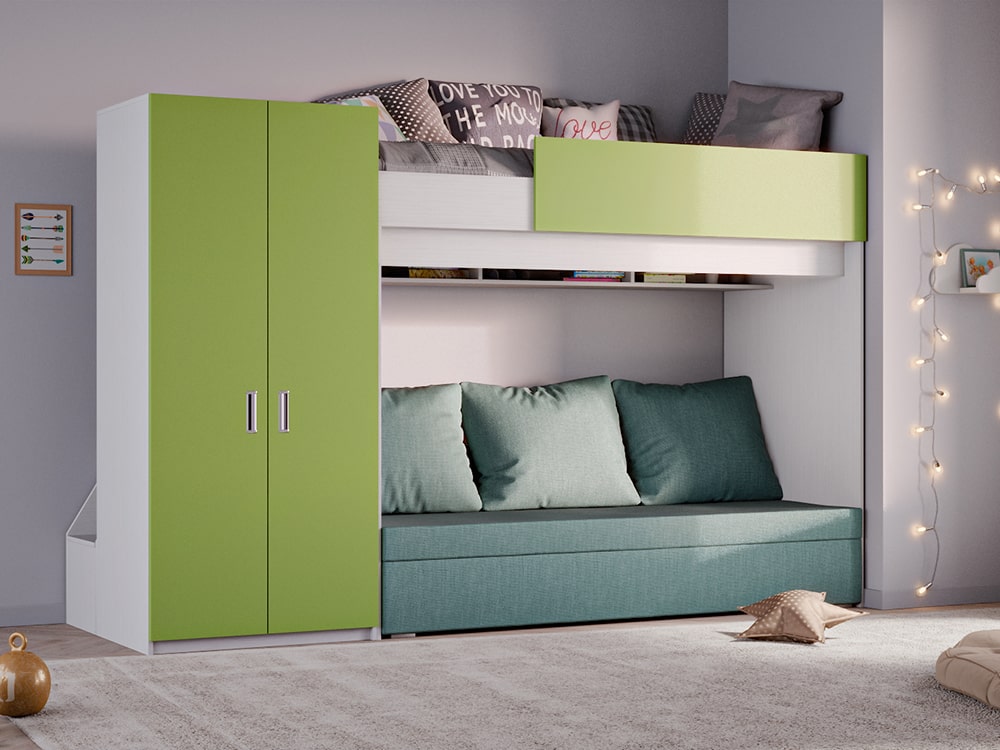 Кровати в детскую - Кровать двухъярусная SOFA, Белый текстурный + Зелёное яблоко + Мемори 11 (90)(1) - Белорусская мебель