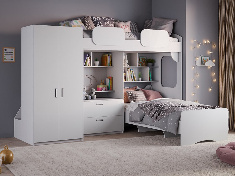 Кровати в детскую - Кровать двухъярусная GEKO XL, Белый текстурный + Софт белый (90)(1) - Белорусская мебель