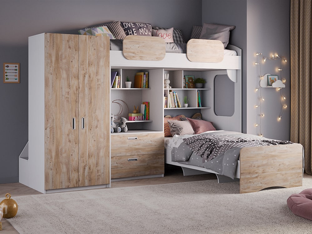 Кровати в детскую - Кровать двухъярусная GEKO XL, Белый текстурный + Дуб Юкон (90)(1) - Белорусская мебель