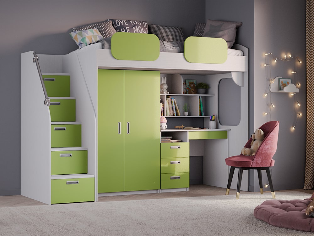 Кровати в детскую - Кровать двухъярусная GEKO со столом, Белый текстурный + Зелёное яблоко (90)(1) - Белорусская мебель