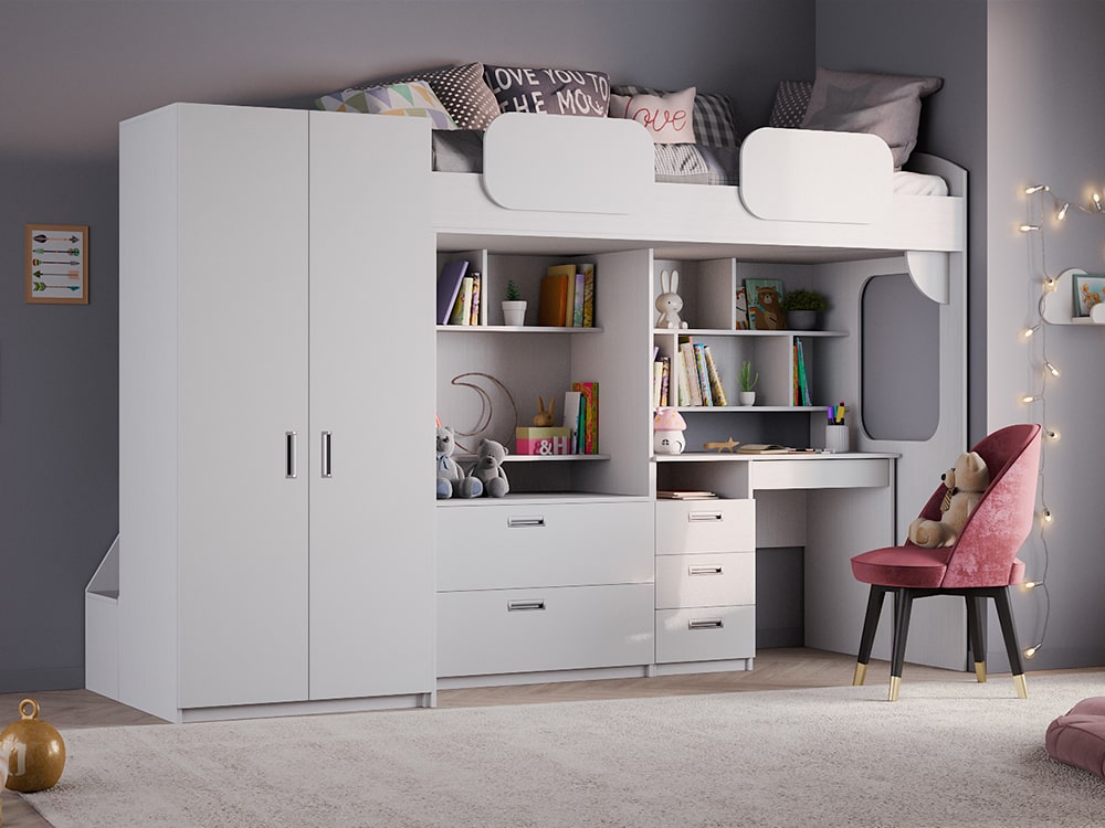 Кровати в детскую - Кровать двухъярусная GEKO XL со столом, Белый текстурный + Софт белый (90)(1) - Белорусская мебель