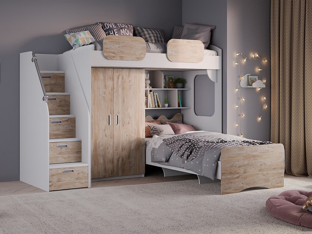 Кровати в детскую - Кровать двухъярусная GEKO, Белый текстурный + Дуб Юкон (90)(1) - Белорусская мебель