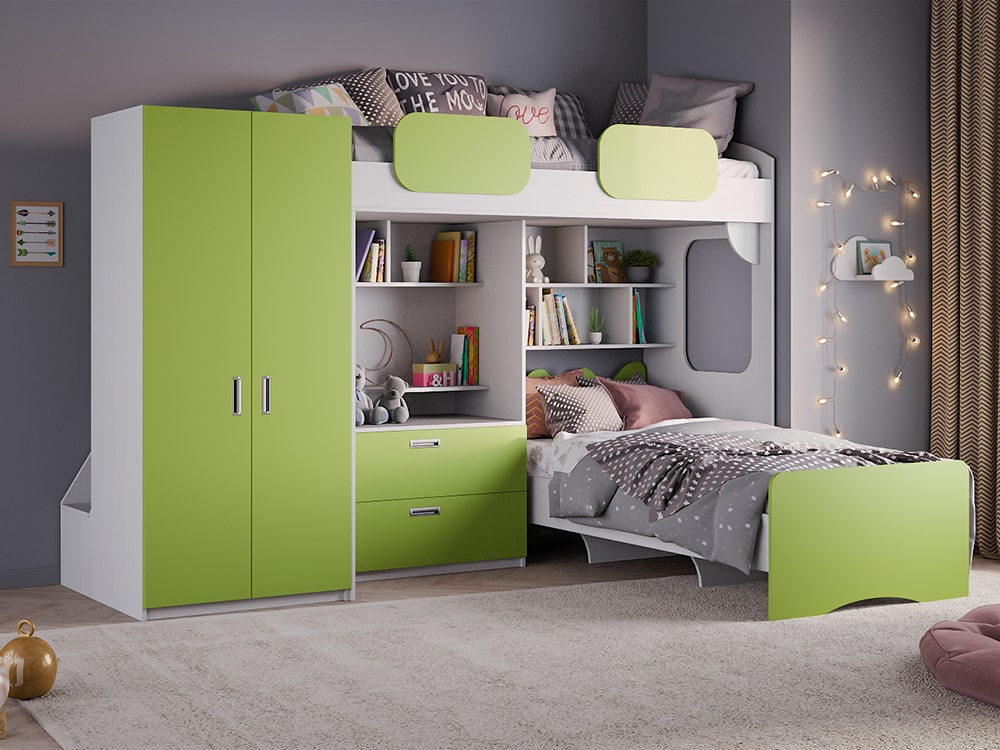 Кровати в детскую - Кровать двухъярусная GEKO XL, Белый текстурный + Зелёное яблоко (90)(1) - Белорусская мебель