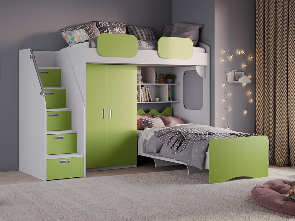 Кровати в детскую - Кровать двухъярусная GEKO, Белый текстурный + Зелёное яблоко (90)(1) - Белорусская мебель