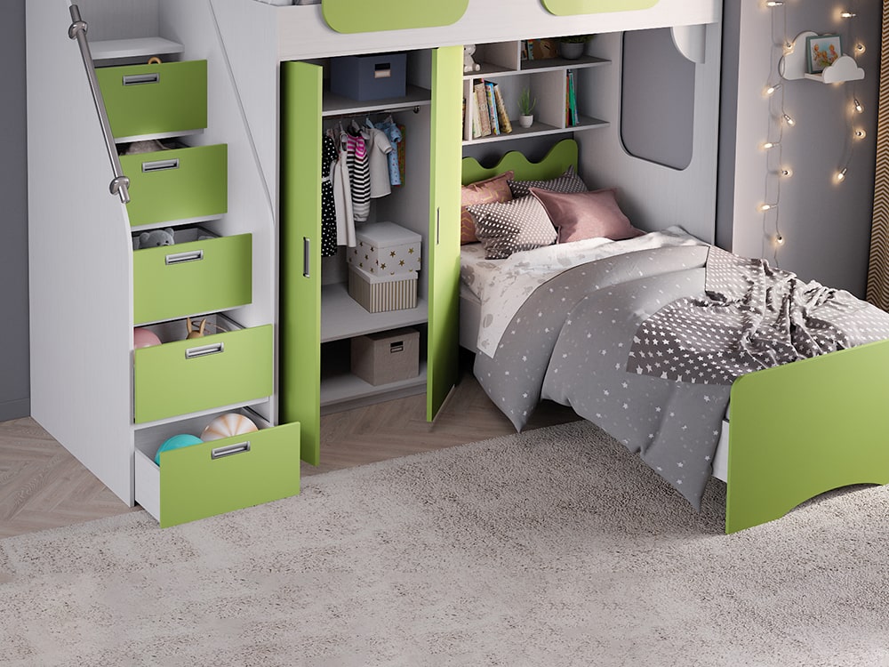 Кровати в детскую - Кровать двухъярусная GEKO, Белый текстурный + Зелёное яблоко (90)(2) - Белорусская мебель