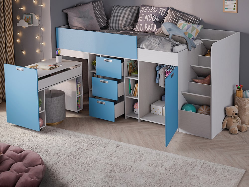 Кровати в детскую - Кровать BERG, Белый текстурный + Голубая лазурь (90)(2) - Белорусская мебель