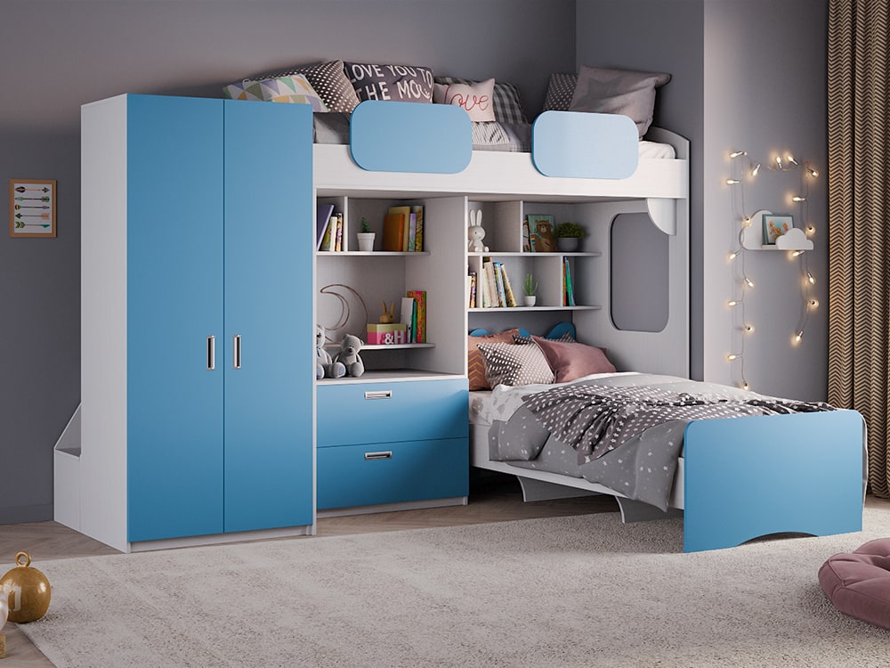 Кровати в детскую - Кровать двухъярусная GEKO XL, Белый текстурный + Голубая лазурь (90)(1) - Белорусская мебель