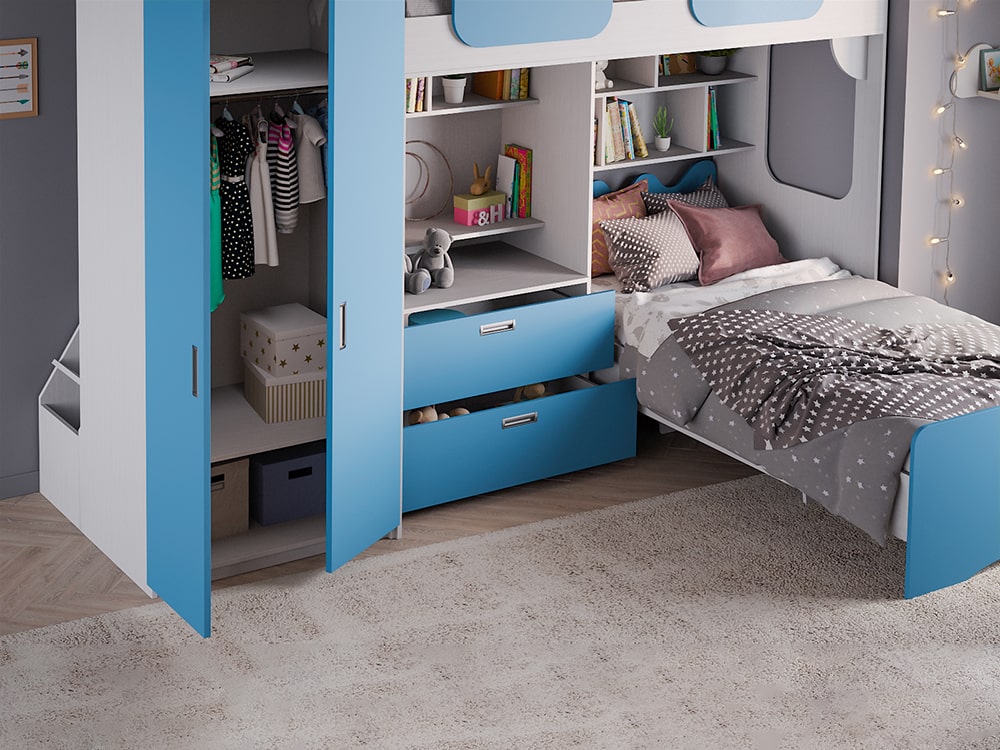 Кровати в детскую - Кровать двухъярусная GEKO XL, Белый текстурный + Голубая лазурь (90)(2) - Белорусская мебель