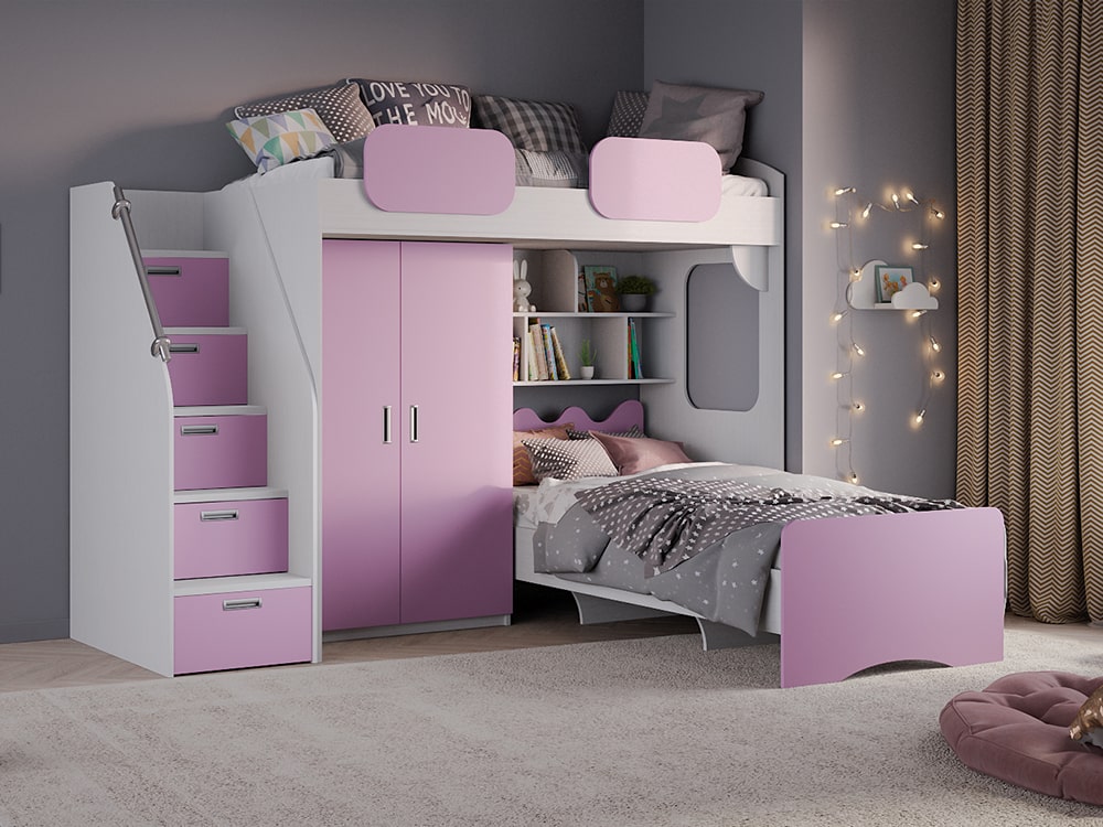 Кровати в детскую - Кровать двухъярусная GEKO, Белый текстурный + Лаванда (90)(1) - Белорусская мебель