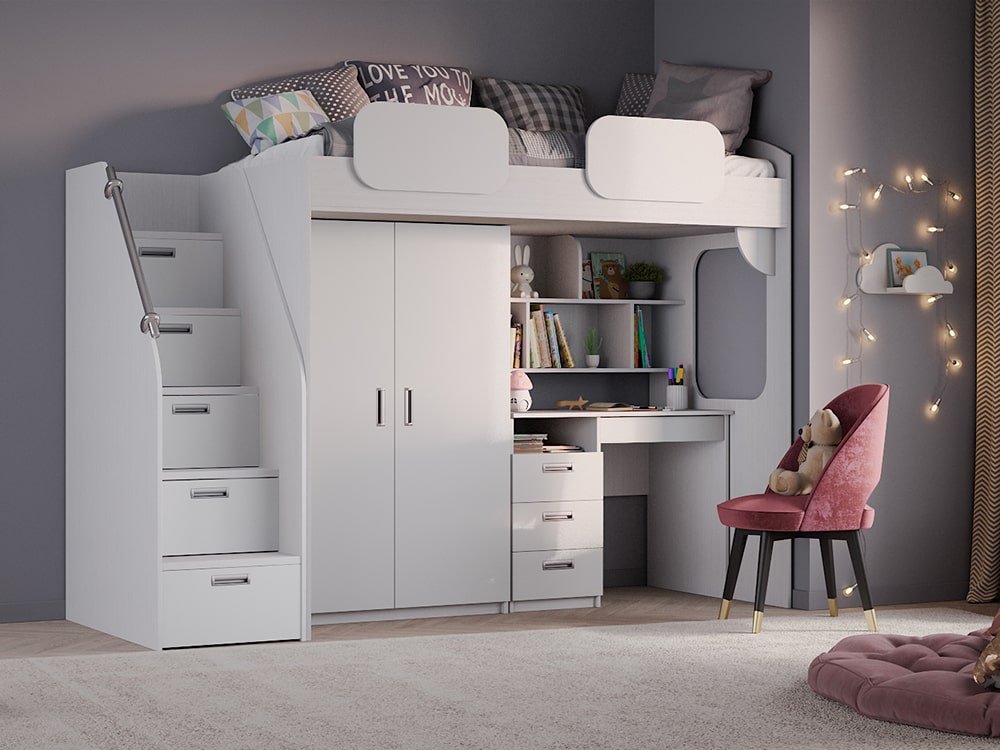 Кровати в детскую - Кровать двухъярусная GEKO со столом, Белый текстурный + Софт белый (90)(1) - Белорусская мебель