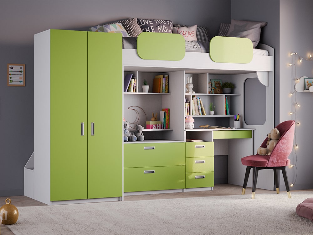 Кровати в детскую - Кровать двухъярусная GEKO XL со столом, Белый текстурный + Зелёное яблоко (90)(1) - Белорусская мебель