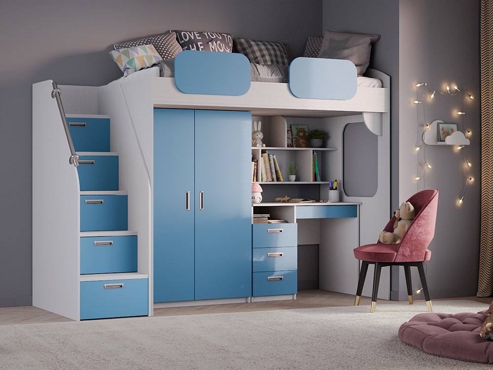 Кровати в детскую - Кровать двухъярусная GEKO со столом, Белый текстурный + Голубая лазурь (90)(1) - Белорусская мебель