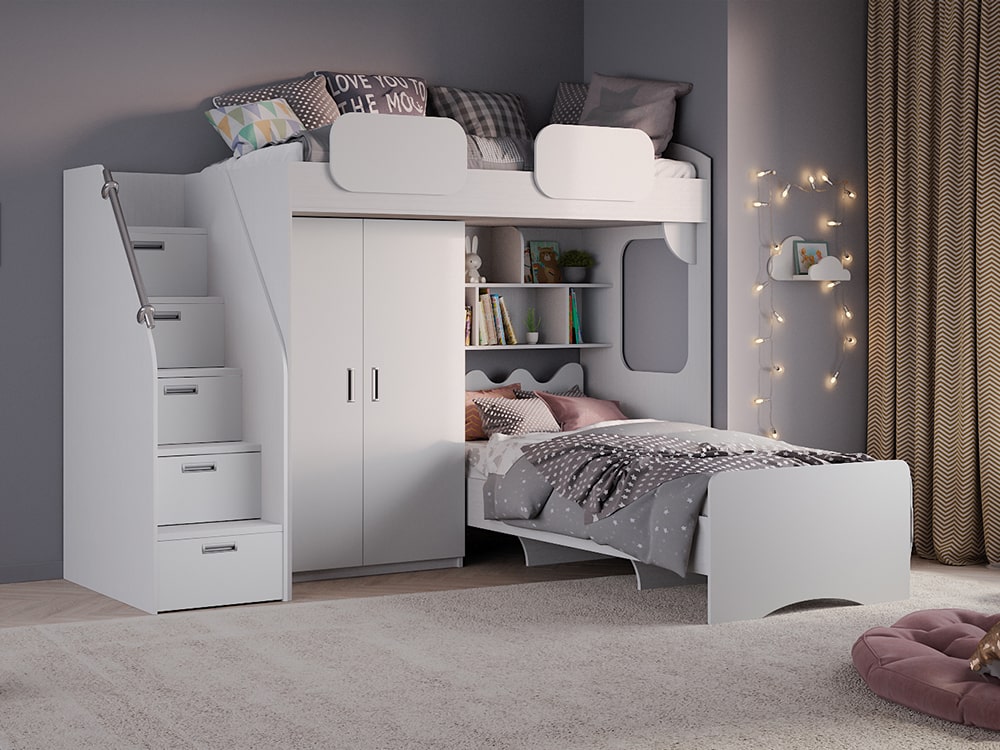 Кровати в детскую - Кровать двухъярусная GEKO, Белый текстурный + Софт белый (90)(1) - Белорусская мебель